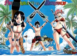  2girls ailee_jeskar airii bikini breasts capcom cleavage cloud fairy_tail mashima_hiro monster_hunter monster_hunter_orage multiple_girls official_art photoshop pig plesioth poogie ryuho_shiki ryuuhou_shiki sakuya_(monster_hunter_orage) sakya sky smile swimsuit sword weapon 