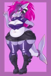  2:3 absolute_territory absurd_res anthro belly big_breasts bovid_horn breasts caprine_horn clothed clothing elmelie female fish fupa grin hair hi_res horn legwear looking_at_viewer love_handles marine muffin_top_(bottomwear) muffin_top_(general_use) muffin_top_(legwear) muffin_top_(thigh_highs) muffin_top_(topwear) multicolored_hair navel non-mammal_breasts obese obese_anthro obese_female overweight overweight_anthro overweight_female pigeon_toed pink_hair plantigrade purple_hair ram_horn shark slightly_chubby slightly_chubby_female smile solo standing thick_thighs thigh_highs tweedabop wide_hips 