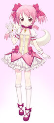  :3 bow brown_eyes choker comiccho commentary_request female gloves hairbow highres jewelry kaname_madoka kaname_madoka_(magical_girl) kneehighs kyuubee mahou_shoujo_madoka_magica mahou_shoujo_madoka_magica_(anime) pendant photoshop_(medium) pink_hair puffy_sleeves red_choker red_eyes short_hair short_twintails skirt socks twintails 