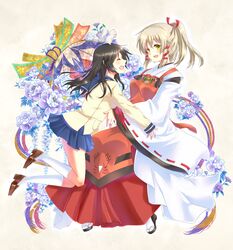  2girls :d animal animal_on_head blonde_hair blue_skirt brown_hair commentary_request floral_background flower fox friends from_side full_body fushimi_inari geta hair_ribbon happy high_ponytail highres inari_konkon_koi_iroha. japanese_clothes joujou kneehighs kon_(inakon) long_hair long_sleeves miko multiple_girls on_head open_mouth ribbon ribbon-trimmed_sleeves ribbon_trim school_uniform serafuku shoes skirt sleeves_past_wrists smile socks tabi tress_ribbon uka-no-mitama-no-kami_(inakon) white_legwear wide_sleeves yellow_eyes 