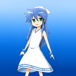  :3 bad_id bad_pixiv_id blue_hair blue_theme bracelet cosplay dress female green_eyes hat highres ikamusume ikamusume_(cosplay) izumi_konata jewelry k.u.n.e. long_hair look-alike looking_at_viewer lucky_star mole mole_under_eye open_mouth shinryaku!_ikamusume solo squid_hat sundress 