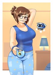  arm_behind_head arm_up black-framed_eyewear blue_pants blue_shirt border bracelet breasts brown_eyes brown_hair casual cleavage cloud_print collarbone commentary_request cowboy_shot cup eron female glasses hair_ornament hairpin head_tilt highres holding indoors jewelry korean_commentary lamp large_breasts looking_at_viewer mei_(overwatch) mouth_hold mug outside_border overwatch overwatch_1 pants shirt sleeveless sleeveless_shirt snowball_(overwatch) star_(symbol) star_print steam swept_bangs tank_top 