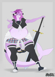  anthro belly big_belly clothed clothing elmelie female fish hair hi_res horn lazydez looking_at_viewer marine melee_weapon navel obese obese_anthro obese_female overweight overweight_anthro overweight_female shark smile solo standing sword weapon 