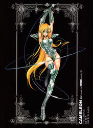  armor blonde_hair blue_eyes boots chameleon_june circle female future_studio_(artist) long_hair photoshop_(medium) saint_seiya smile solo thigh_boots thighhighs whip 