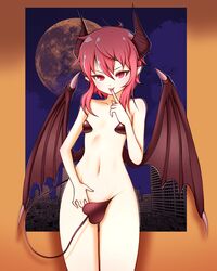  blush border bottomless breasts bridgeless_bra building closed_mouth collarbone commentary_request covering_crotch covering_privates cowboy_shot demon_girl demon_horns demon_tail demon_wings eron female finger_to_mouth full_moon groin hair_between_eyes head_tilt highres horns korean_commentary looking_at_viewer low_wings messy_hair moon navel night orange_background original outside_border pointy_ears red_eyes red_hair short_hair_with_long_locks silhouette slit_pupils small_breasts smile solo standing tail tongue tongue_out tsurime v-shaped_eyebrows wings 