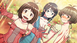  1boy 2girls akizuki_ryo antenna_hair back bare_back bare_shoulders blue_eyes blush brown_eyes brown_hair commentary_request crossdressing dearly_stars_(idolmaster) dress formal gloves hair_ornament hidaka_ai idolmaster idolmaster_dearly_stars inu_(aerodog) mizutani_eri multiple_girls open_mouth otoko_no_ko short_hair smile wavy_mouth 