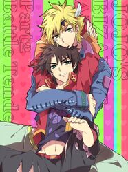  2boys bad_id bad_pixiv_id barefoot blonde_hair bloody_stream blue_eyes blue_jacket brown_hair caesar_anthonio_zeppeli colorful commentary_request denim facial_mark fingerless_gloves gloves green_eyes headband hug hug_from_behind jacket jeans jojo_no_kimyou_na_bouken joseph_joestar joseph_joestar_(young) multiple_boys navel official_alternate_costume pants red_jacket scarf torn_clothes torn_jeans torn_pants yuzuru_(xxelysionxx) 