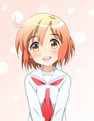  :d ahoge bad_id bad_pixiv_id blonde_hair blush collarbone eyebrows female hair_between_eyes kotoura-san kotoura_haruka long_sleeves looking_at_viewer neckerchief open_mouth red_neckerchief sailor_collar school_uniform serafuku short_hair smile solo spiceg teeth upper_body white_sailor_collar yellow_eyes 