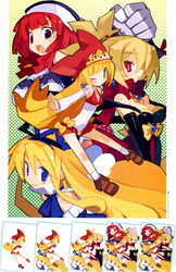  4girls :o arm_warmers bare_legs blonde_hair blue_eyes bow company_connection disgaea flonne green_background green_eyes grin harada_takehito hat highres kururu_(little_princess) la_pucelle little_princess long_hair makai_senki_disgaea makai_senki_disgaea_2 making-of marl_kingdom mole multiple_girls nippon_ichi official_art one_eye_closed open_mouth polka_dot polka_dot_background prier purple_eyes red_eyes red_hair rozalin short_hair smile yellow_bow 