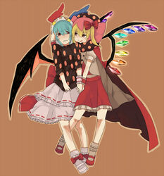  2girls :q alternate_costume bad_id bad_pixiv_id bat_wings blonde_hair blue_hair bobby_socks charlotte_(madoka_magica) charlotte_(madoka_magica)_(cosplay) cosplay crossover flandre_scarlet highres holding_hands licking_lips mahou_shoujo_madoka_magica mahou_shoujo_madoka_magica_(anime) mary_janes multiple_girls no_headwear polka_dot red_eyes remilia_scarlet shoes short_hair side_ponytail simple_background socks tongue tongue_out touhou wings yomosaka 