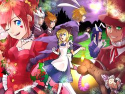  2girls 6+boys alice_(alice_in_wonderland) alice_(alice_in_wonderland)_(cosplay) alice_in_wonderland animal_ears apron axel_(kingdom_hearts) bad_id bad_pixiv_id banana_gyuunyuu blonde_hair blue_eyes blue_hair bow bowtie brown_hair castle cat_ears cheshire_cat_(alice_in_wonderland) cheshire_cat_(alice_in_wonderland)_(cosplay) choker cosplay earrings eyepatch facial_mark full_moon gloves green_eyes grey_hair hairbow hat jewelry kairi_(kingdom_hearts) kingdom_hearts lantern long_hair mad_hatter_(alice_in_wonderland) mad_hatter_(alice_in_wonderland)_(cosplay) march_hare_(alice_in_wonderland) march_hare_(alice_in_wonderland)_(cosplay) moon multiple_boys multiple_girls namine necklace oerba_yun_fang one_eye_closed pocket_watch ponytail rabbit_ears red_hair riku_(kingdom_hearts) roxas running saix scar sora_(kingdom_hearts) tail top_hat watch white_hair xigbar yellow_eyes 