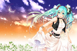  aqua_eyes aqua_hair belt blush bracelet chaka0w0 choker cloud commentary_request crescent_moon dress female flower hair_ribbon hatsune_miku jewelry long_hair moon necklace ribbon skirt_hold sky smile solo twintails very_long_hair vocaloid 