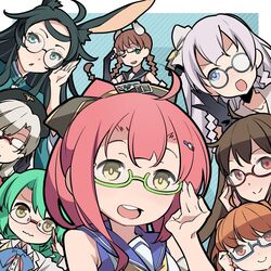  6+girls :d ;d adjusting_eyewear ahoge animal_ear_fluff animal_ears aqua_eyes armpit_crease azur_lane black_gloves black_hair black_sailor_collar blue-framed_eyewear blue_eyes blue_sailor_collar braid brown_hair collarbone commentary_request dot_nose edinburgh_(azur_lane) elbow_gloves eyebrows fingerless_gloves fletcher_(azur_lane) glasses gloves green-framed_eyewear green_neckerchief grey_hair hair_between_eyes hair_ornament hat high_ponytail kako_(azur_lane) koeln_(azur_lane) langley_(azur_lane) london_(azur_lane) long_hair looking_at_viewer military_hat multiple_girls neckerchief no_nose nyuusankin one_eye_closed open_mouth orange_hair rabbit_ears raleigh_(azur_lane) red-framed_eyewear red_eyes red_hair rimless_eyewear round_eyewear sailor_collar school_uniform semi-rimless_eyewear serafuku shirt sidelocks sleeveless sleeveless_shirt smile souryuu_(azur_lane) teeth trait_connection turtleneck twin_braids twintails under-rim_eyewear v-shaped_eyebrows wavy_mouth yellow_eyes yellow_neckerchief 