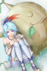  asymmetrical_bangs blue_hair boots collarbone commentary_request dutch_angle feather_hair_ornament feathers female grass great_deku_sprout hair_ornament hair_tie hyrule_warriors interlocked_fingers jewelry lana_(hyrule_warriors) leaf lips pantyhose peita_10 photoshop_(medium) ponytail purple_eyes sidelocks sitting smile the_legend_of_zelda 