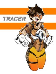  :d black_gloves bomber_jacket breasts brown_eyes brown_hair character_name chest_harness collarbone commentary_request cropped_legs eron female gloves goggles hands_on_own_hips harness head_tilt highres jacket korean_commentary looking_at_viewer medium_breasts open_mouth orange_goggles overwatch overwatch_1 short_hair smile solo tracer_(overwatch) union_jack white_background 