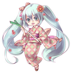  :d aqua_eyes aqua_hair aqua_nails bow chibi commentary_request female flower full_body hair_between_eyes hair_flower hair_ornament hairbow hatsune_miku japanese_clothes kimono long_hair looking_at_viewer masaki3 nail_polish obi open_mouth sandals sash shippou_(pattern) simple_background smile solo spring_onion toenail_polish toenails twintails unmoving_pattern very_long_hair vocaloid white_background wide_sleeves 