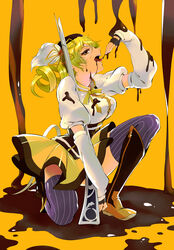  bad_id bad_pixiv_id beret boots brown_thighhighs chocolate corset deba detached_sleeves drill_hair dripping female fingerless_gloves gloves gun hair_ornament hairpin hat magical_girl magical_musket mahou_shoujo_madoka_magica mahou_shoujo_madoka_magica_(anime) on_one_knee open_mouth photoshop_(medium) pleated_skirt profile puffy_sleeves ribbon rifle shirt skirt solo striped_clothes striped_thighhighs taut_clothes taut_shirt thighhighs tomoe_mami tomoe_mami_(magical_girl) tongue twin_drills twintails vertical-striped_clothes vertical-striped_thighhighs weapon yellow_eyes yellow_theme zettai_ryouiki 