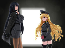  2girls absurdres alice_soft black_hair blonde_hair blue_eyes daiteikoku gloves grecia_goebbels hat highres long_hair looking_back military military_uniform multiple_girls nazi open_mouth orange_eyes peaked_cap red_eyes retia_adolf smile teresa007 thighhighs uniform 