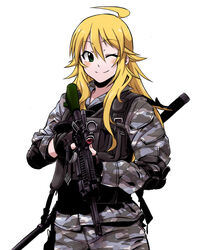  ahoge alternate_costume assault_rifle blonde_hair camouflage commentary_request female fingerless_gloves gloves green_eyes gun hoshii_miki idolmaster idolmaster_(classic) long_hair military military_uniform one_eye_closed ooike_teru rifle solo uniform urban_camouflage weapon 