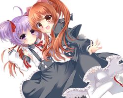  2girls :d ahoge aloe_(quiz_magic_academy) animal_ears bad_id bad_pixiv_id black_jacket black_skirt blush brown_eyes brown_hair cat_ears closed_mouth collared_shirt commentary_request detached_sleeves fingernails frilled_skirt frills funakoshi hair_between_eyes high-waist_skirt highres jacket long_sleeves looking_at_viewer multiple_girls myu_(quiz_magic_academy) neck_ribbon open_mouth outstretched_arm purple_eyes purple_hair quiz_magic_academy red_footwear red_ribbon ribbon shirt shoes short_hair sidelocks simple_background skirt sleeveless sleeveless_shirt sleeves_past_wrists smile suspender_skirt suspenders thighhighs twintails two_side_up white_background white_legwear white_shirt 