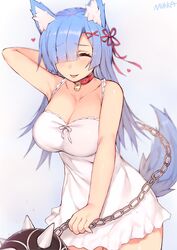  alternate_hair_length alternate_hairstyle animal_ears arm_behind_head armpits artist_name bell blue_hair blurry blush breasts cat_ears cat_tail chains choker cleavage closed_eyes collarbone commentary_request cowboy_shot depth_of_field dress female hair_ornament hair_over_one_eye heart kemonomimi_mode large_breasts long_hair mukka neck_bell pink_ribbon re:zero_kara_hajimeru_isekai_seikatsu rem_(re:zero) ribbon shiny_skin short_dress sleeveless sleeveless_dress solo tail tongue tongue_out white_dress x_hair_ornament 