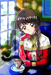  black_hair bow braid capelet cropped_jacket cup female haimer hairbow hand_on_own_chin head_tilt holding holding_cup indoors jacket long_hair looking_at_viewer mitsumete_knight photoshop_(medium) raizze_haimer red_bow red_eyes red_jacket saucer shirt single_braid smile solo white_shirt window 