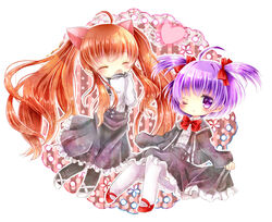  2girls ;&lt; ahoge aloe_(quiz_magic_academy) aloe_(quiz_magic_academy)_(cosplay) animal_ears bad_id bad_pixiv_id black_jacket black_legwear black_skirt blazer blush bow bowtie brown_hair cat_ears center_frills chibi closed_eyes closed_mouth commentary_request cosplay costume_switch covered_mouth detached_sleeves frilled_skirt frills funakoshi hair_between_eyes heart high-waist_skirt highres jacket long_hair long_sleeves looking_at_viewer multiple_girls myu_(quiz_magic_academy) myu_(quiz_magic_academy)_(cosplay) open_clothes open_jacket pantyhose polka_dot purple_eyes purple_hair quiz_magic_academy red_bow red_bowtie red_footwear school_uniform shirt skirt skirt_hold sleeves_past_wrists striped suspender_skirt suspenders thighhighs twintails two_side_up vertical_stripes very_long_hair white_footwear white_legwear white_shirt 