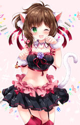  ;d animal_ears bass_clef bell blush brown_hair cat_ears cat_tail clenched_hands commentary crop_top detached_collar eighth_note eyebrows female flower frilled_skirt frills fur_trim garter_straps green_eyes hair_ribbon heart idolmaster idolmaster_cinderella_girls legs_together looking_at_viewer maekawa_miku midriff musical_note navel nogi_takayoshi oerba_yun_fang one_eye_closed open_mouth over_the_collar_(idolmaster) paw_pose pink_background ponytail purple_flower quarter_note red_ribbon red_thighhighs ribbon short_hair skirt smile solo stomach swept_bangs tail thighhighs treble_clef wrist_cuffs 