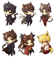  5boys animal_ears black_hair blonde_hair brown_hair cat_ears cat_tail chibi commentary_request dual_persona emiya_kiritsugu fate/stay_night fate/zero fate_(series) female gilgamesh_(fate) ju-zika kemonomimi_mode kotomine_kirei long_hair medium_hair multiple_boys official_alternate_costume tail tohsaka_rin tohsaka_tokiomi 