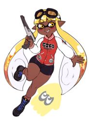  bike_shorts blonde_hair boots cross-laced_footwear dark_skin domino_mask fangs female goggles goggles_on_head highres inkling lace-up_boots letterman_jacket mask n-zap_&#039;85_(splatoon) sidelocks simple_background smile splatoon squid thick_thighs thighs white_background yellow_kirby 