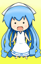  :d blush bracelet chibi commentary_request dress female hat jewelry k.u.n.e. mini-ikamusume open_mouth shinryaku!_ikamusume smile solid_circle_eyes solo squid_hat sundress tentacle_hair 