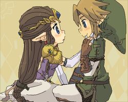  1boy blonde_hair blue_eyes brown_hair earrings female gloves hat jewelry link long_hair lowres oekaki pointy_ears princess_zelda smile the_legend_of_zelda the_legend_of_zelda:_twilight_princess tsutsuji 