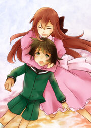  1boy black_hair brown_hair closed_eyes commentary_request dress female foreshortening green_eyes hair_ribbon hug hug_from_behind hyoubu_kyousuke long_sleeves open_mouth ribbon rimorimo short_hair shorts the_unlimited:_hyoubu_kyousuke tsubomi_fujiko zettai_karen_children 