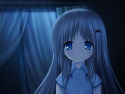  bat_(animal) bedroom blonde_hair blue_eyes blue_ribbon blue_theme blush bow curtains dark dark_room female flat_chest game_cg hair_ornament hairpin indoors kud_wafter light_smile little_busters! long_hair monochrome na-ga night_clothes noumi_kudryavka pajamas platinum_blonde_hair ribbon short_sleeves smile solo very_long_hair 