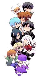  2boys 6+girls artoria_pendragon_(fate) bad_id bad_pixiv_id black_hair blonde_hair blue_hair brown_hair chibi emiya_kiritsugu emiya_norikata emiya_shirou fate/zero fate_(series) fujimura_taiga hat hisau_maiya illyasviel_von_einzbern irisviel_von_einzbern multiple_boys multiple_girls natalia_kaminski norino_moto photoshop_(medium) ponytail saber_(fate) shirley_(fate) white_hair 