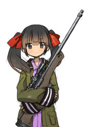  ai_arctic_warfare bolt_action brown_eyes brown_hair commentary_request female gun hair_ribbon long_hair military military_uniform photoshop_(medium) ribbon rifle shenbei_xiaoqiu sleeves_past_wrists sniper_rifle solo sora_no_woto suminoya_kureha twintails uniform weapon 