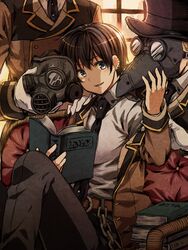  3boys bad_id bad_pixiv_id belt black_hair blue_eyes book chains commentary earrings gas_mask gloves hat highres jewelry male_focus mask multiple_boys necktie open_book original plague_doctor plague_doctor_mask solo_focus steampunk top_hat utsunomiya_hetaru vest 