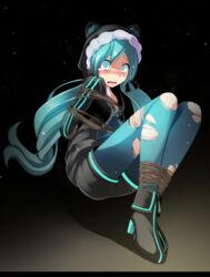  absurdres aqua_eyes aqua_hair aqua_pantyhose bad_id bad_pixiv_id blush bondage bondage bound constricted_pupils crying female full_body green_ponpoko_(module) hatsune_miku highres kunoichi_demo_koi_ga_shitai_(vocaloid) long_hair pantyhose project_diva_(series) project_diva_x restrained solo torn_clothes torn_pantyhose tsukishiro_saika vocaloid wavy_mouth 