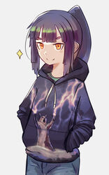  absurdres akari_(raigou) black_hair borrowed_character cat_shooting_lightning commentary_request cowboy_shot feline female gino_(gino_h) grey_background hands_in_pockets highres hood hood_down hoodie lightning long_hair looking_at_viewer meme_attire orange_eyes original ponytail simple_background smile solo sparkle 