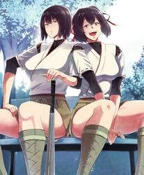  2girls aluminum_bat baseball_bat bench between_legs bifidus blue_sky bodysuit bodysuit_under_clothes boots breasts brown_eyes brown_hair commentary_request day hair_between_eyes hair_ribbon hand_between_legs hand_on_lap hyuuga_(kancolle) ise_(kancolle) japanese_clothes kantai_collection large_breasts looking_at_viewer multiple_girls open_mouth ponytail ribbon short_hair short_sleeves sitting skirt sky smile tree 