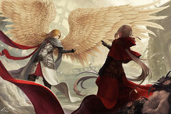  1boy aner_(qqan00) angel angel_wings argenta armor blonde_hair blurry brother_and_sister candle capelet commentary_request depth_of_field dragon_nest female flower geraint grey_hair hair_over_one_eye hood long_hair photoshop_(medium) ponytail reaching reaching_towards_viewer red_eyes siblings very_long_hair wings 