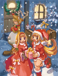  1boy 2girls animal_costume annoyed bell blonde_hair blue_eyes boots bow cello_(little_princess) christmas crea_rosenqueen crossed_arms dress earrings flipped_hair gift gloves green_eyes hairband hat highres jewelry knee_boots kururu_(little_princess) ledgem_(rhapsody) little_princess long_hair marl_kingdom multiple_girls official_art red_dress red_skirt reindeer_costume rhapsody ryoji_(nomura_ryouji) santa_hat skirt smile snow standing standing_on_one_leg tears tree wreath 