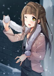  ;d brown_eyes brown_hair coat commentary_request female half_updo highres love_live! love_live!_school_idol_project minami_kotori&#039;s_mother one_eye_closed open_mouth oruto_(ort+) outdoors scarf smile snowing solo 