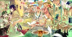  4girls 6+boys alcohol bad_id bad_pixiv_id barefoot beer blonde_hair blue_hair blush bone drakon food happy hat hinahoho hyakuhachi_(over3) ja&#039;far_(magi) keffiyeh long_hair magi_the_labyrinth_of_magic masrur multiple_boys multiple_girls pisti red_hair scar sharrkan short_hair sinbad_(magi) smile spartos white_hair witch_hat yamuraiha 