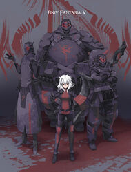  albino armor bevel_(pixiv_fantasia) breasts commentary_request crossed_arms explosive female flashbang grenade hand_on_own_hip height_difference helmet highres knife lambretta_(pixiv_fantasia) long_hair medium_breasts messy_hair military military_uniform pixiv_fantasia pixiv_fantasia_5 pouch red_eyes smile sword tsukuba_masahiro uniform weapon white_hair wola_(pixiv_fantasia) za_(pixiv_fantasia) 