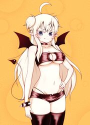  ahoge arm_at_side bandeau bare_shoulders black_shorts black_thighhighs blonde_hair blue_eyes blush breasts closed_mouth collarbone colored_eyelashes commentary_request cowboy_shot demon_girl demon_tail demon_wings eron fang_out female groin hair_between_eyes hand_on_own_hip head_tilt highleg highleg_panties highres korean_commentary large_breasts long_hair looking_at_viewer navel o-ring o-ring_top oerba_yun_fang orange_background original panties short_shorts shorts slit_pupils smile solo standing tail thighhighs two_side_up underwear v-shaped_eyebrows very_long_hair wings 