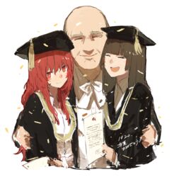  1boy 2girls aged_up arthur_leveson bald blush brown_hair commentary_request crying diploma family_portrait graduation group_hug hat hms_monarch_(siirakannu) hms_orion_(siirakannu) hug hug_from_behind kantai_collection mortarboard multiple_girls open_mouth original red_eyes red_hair robe siirakannu smile tassel 