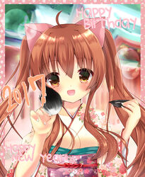  2017 :d absurdres ahoge aloe_(quiz_magic_academy) animal_ears blush breasts brown_eyes brown_hair calligraphy_brush cat_ears commentary_request female fingernails floral_print funakoshi hair_between_eyes happy_birthday happy_new_year head_tilt highres holding holding_brush ink japanese_clothes kimono long_hair long_sleeves looking_at_viewer medium_breasts new_year obi open_mouth paintbrush print_kimono quiz_magic_academy sash sidelocks smile solo wide_sleeves yellow_kimono 