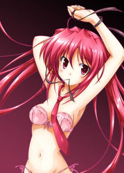  arm_behind_head armpits bra commentary_request female front-tie_top fujimoto_akio haruka_ni_aogi_uruwashi_no lingerie long_hair mouth_hold navel necktie nire_sumika panties photoshop_(medium) pink_bra red_eyes red_hair ribbon ribbon_in_mouth side-tie_panties solo underwear underwear_only 