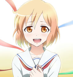  :d bad_id bad_pixiv_id blonde_hair blush brown_eyes collarbone female gradient_background hair_between_eyes kotoura-san kotoura_haruka looking_at_viewer mii_(0726miya) neckerchief open_mouth own_hands_together red_neckerchief round_teeth sailor_collar school_uniform serafuku short_hair smile solo tears teeth upper_body white_sailor_collar 